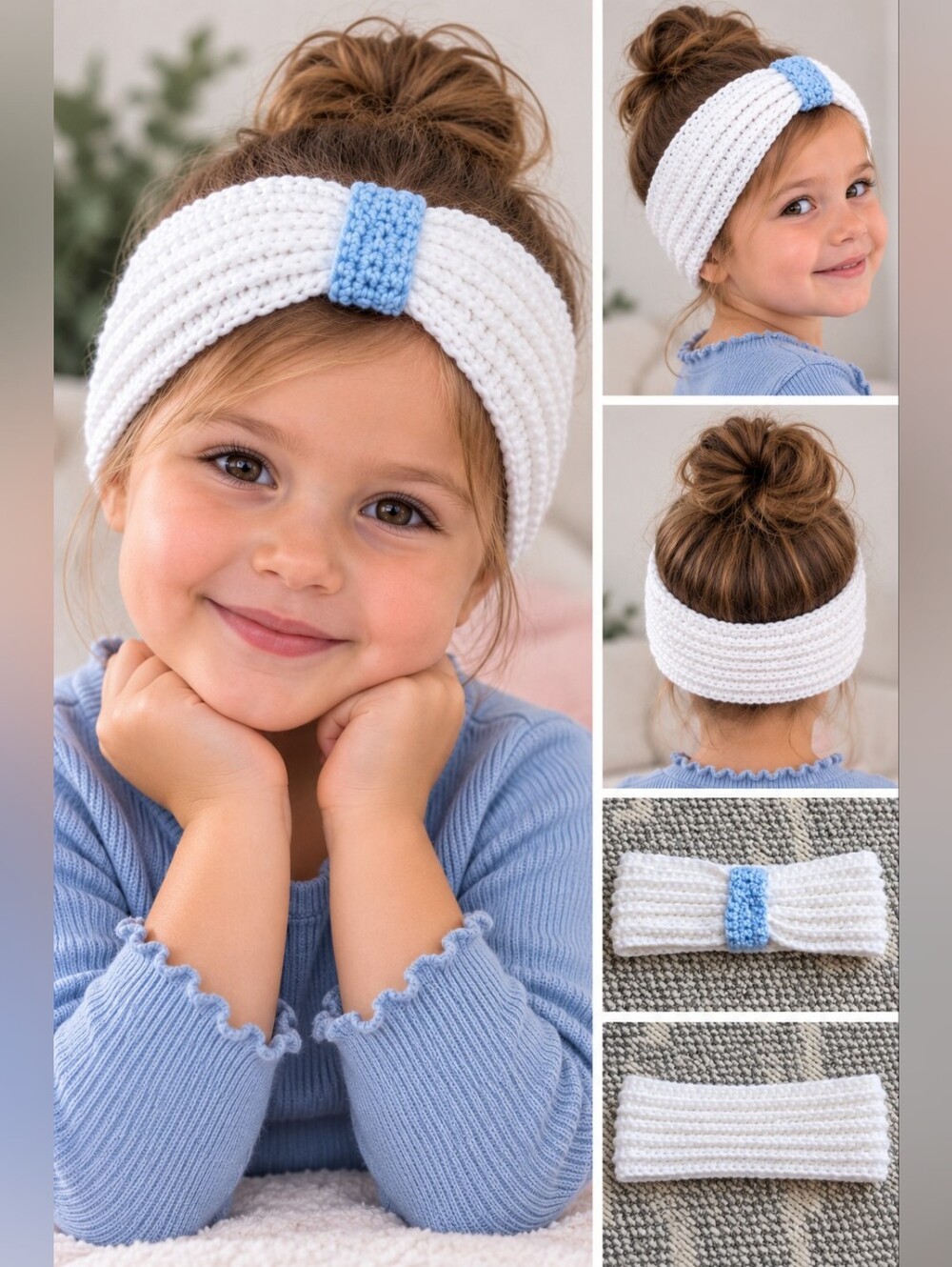Handmade White Knit Kids Headband Light Blue Accent
